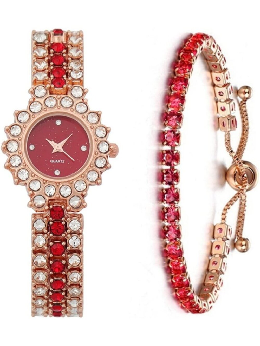 Women's Red Analog Quartz Elegant Steel Belt Diamonds Bracelet Set Wrist Watch